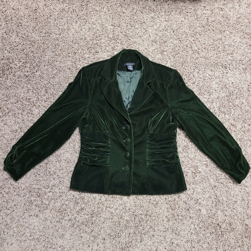 Susan Lewis Velvet Blazer Jacket Green Button front Shoulder pads Petite Large